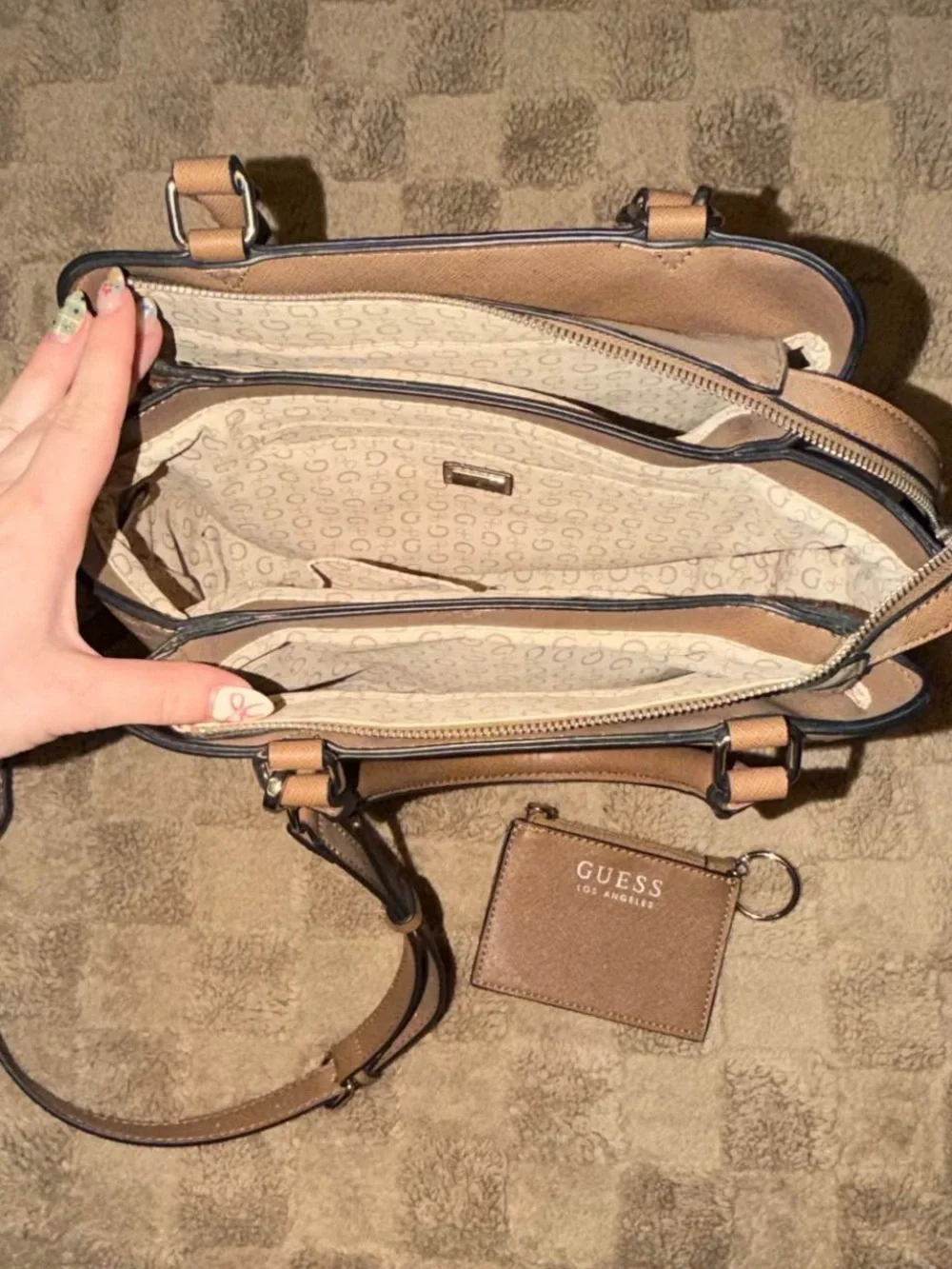 GUESS Tan Patterned Women's Satchel Bag with Adjustable Strap